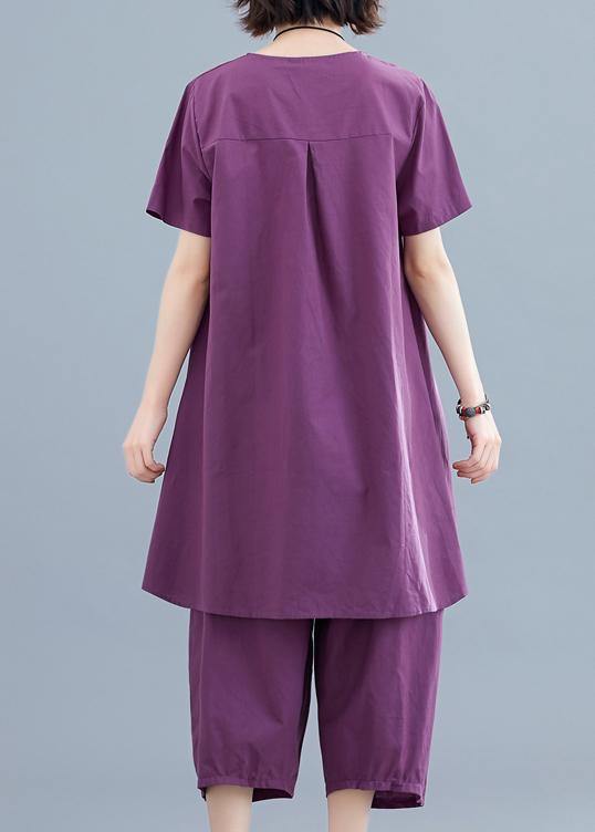 Summer new loose large size women's purple fashion irregular short-sleeved shirt + pants casual cotton and linen - SooLinen