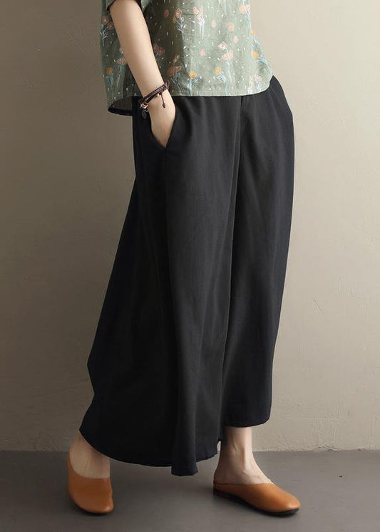 Summer new style literary fan black elastic waist versatile wide leg culottes - SooLinen