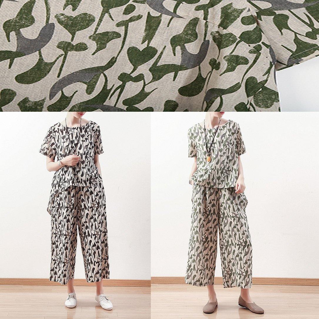 Summer original design vintage green short sleeve prints linen print shirt pants two pieces - SooLinen