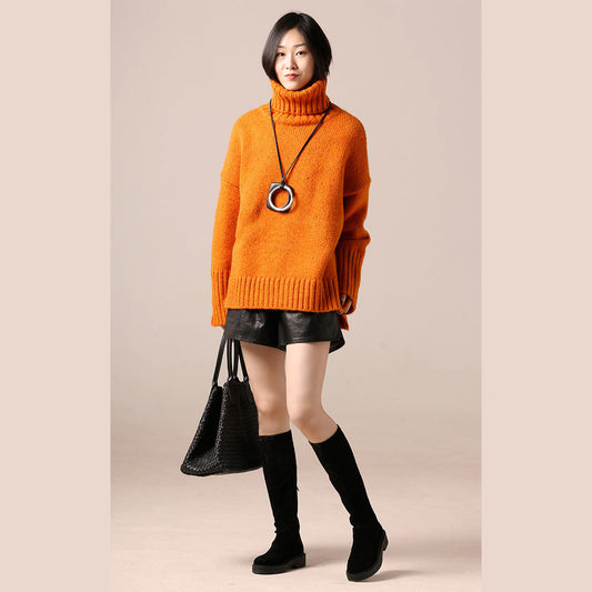 Pulloverkleid Damen High Neck Gelb Tunika Strickkleid Herbst Seite offen