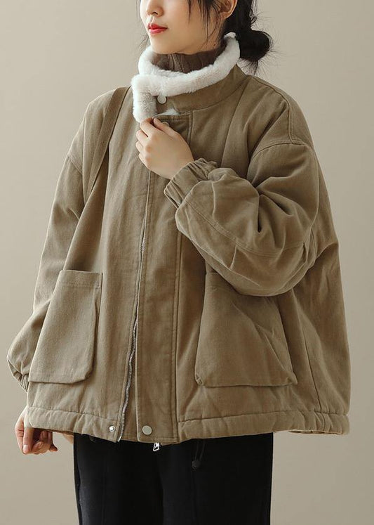 Thick Chocolate Outwear Stand Collar Zippered Outwear - SooLinen