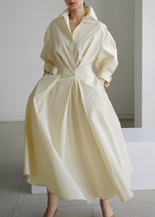 2024 Grünes Baumwollkleid mit Peter-Pan-Kragen und Taschen, lange Ärmel