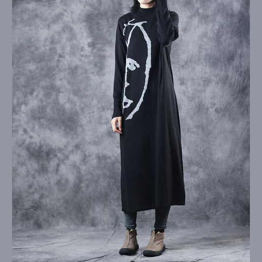 Schwarze und graue Maxi-Pulloverkleider mit hohem Halsausschnitt für Damen