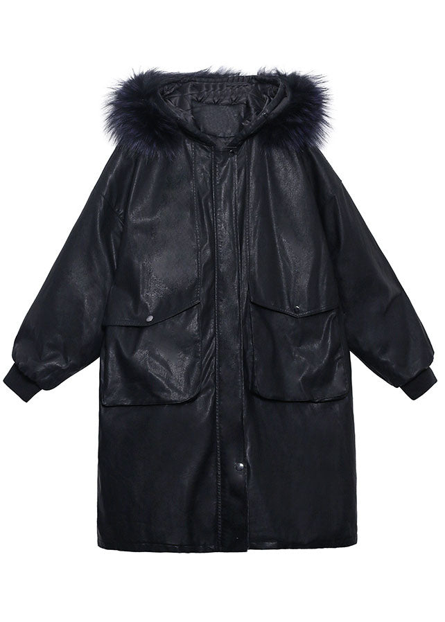 Trendy Schwarz kapuze Pelz kragen Taschen Dicken Winter Baumwolle PU frauen Parka