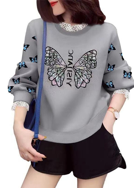 Trendy Grau Spitze Patchwork Print Lässiges Herbst Sweatshirt Streetwear