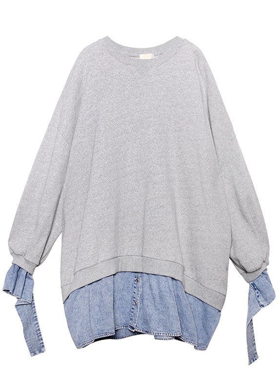 Trendy Grau Patchwork Denim Button Herbst Sweatshirts Top