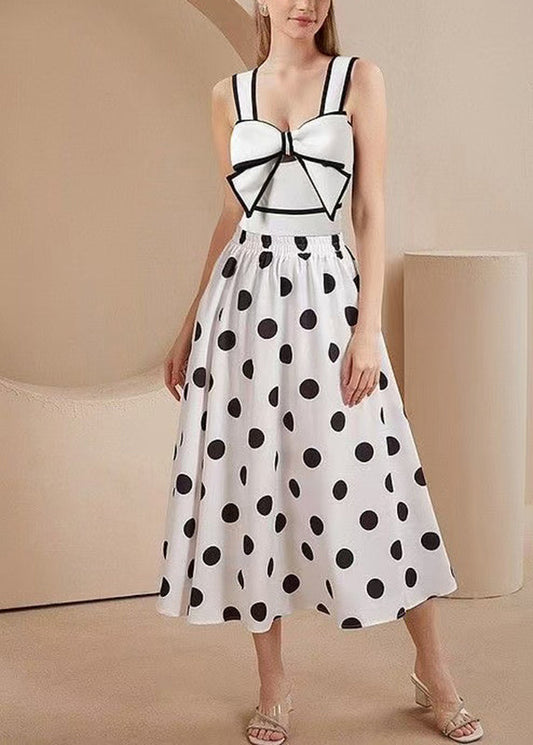 Trendy White Dot Bodysuit And Maxi Skirts Lingerie Set
