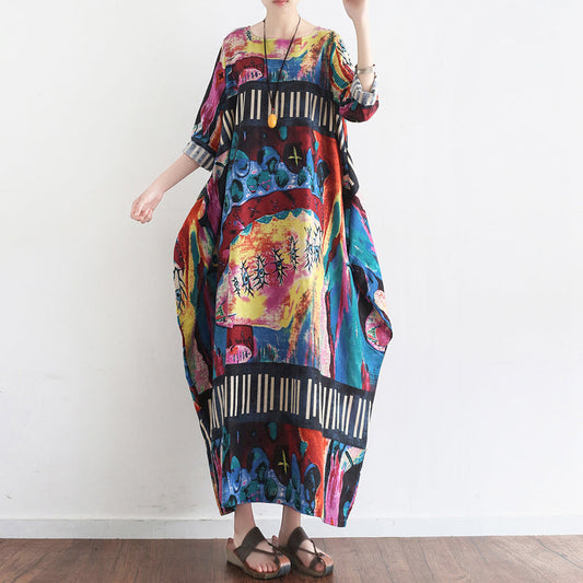Tropisches Element florale Baggy Leinenkleider Oversize Kaftan Kleid Casual Style