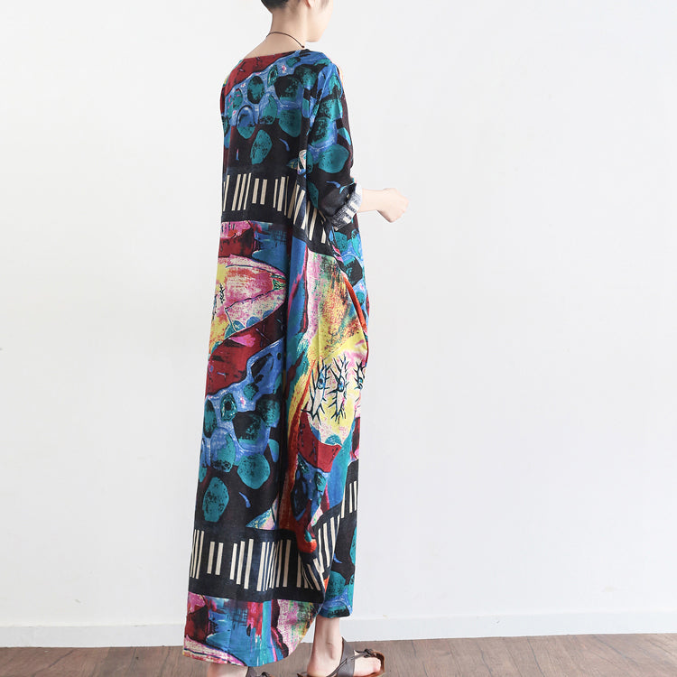 Tropisches Element florale Baggy Leinenkleider Oversize Kaftan Kleid Casual Style
