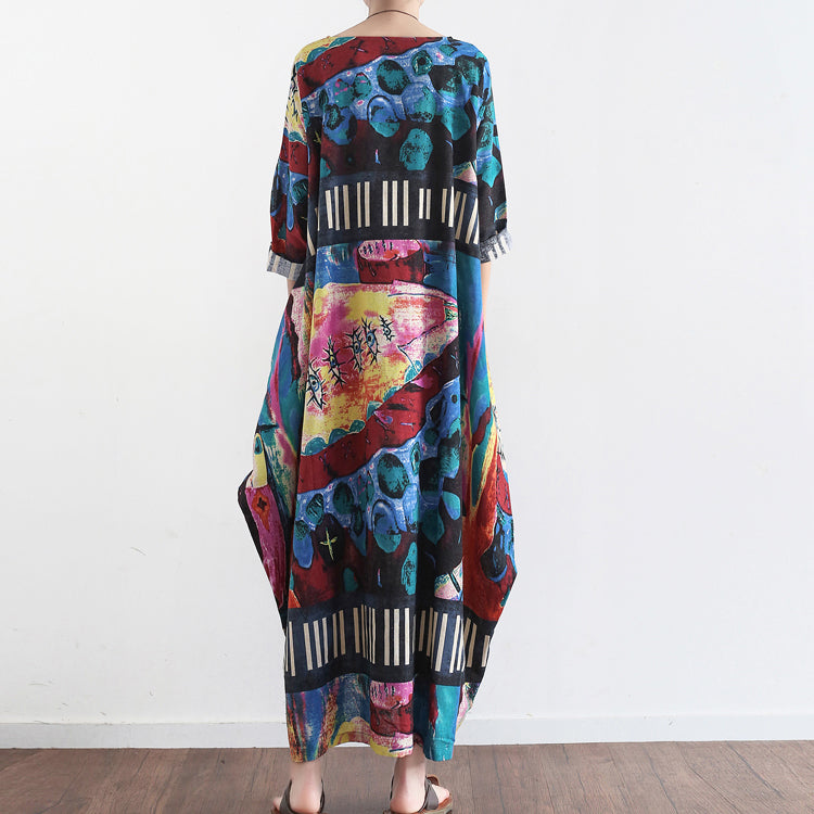 Tropisches Element florale Baggy Leinenkleider Oversize Kaftan Kleid Casual Style