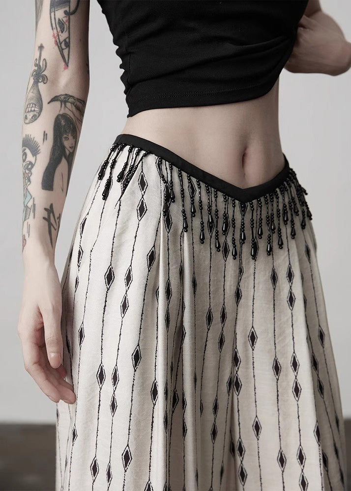 Unique Beige Tasseled Print Cotton Straight Pants Spring
