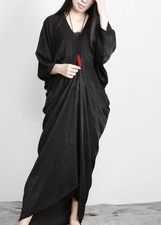 Unique Black Asymmetric V Neck Silk Party Dresses - SooLinen