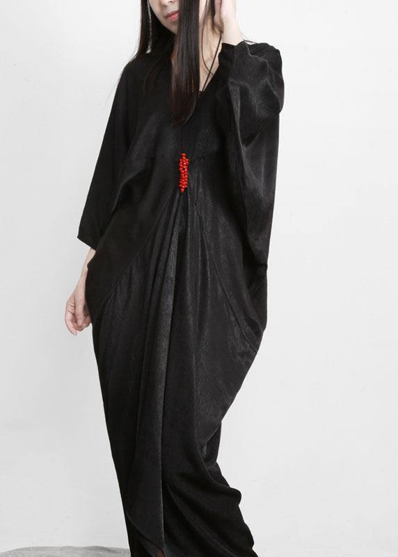 Unique Black Asymmetric V Neck Silk Party Dresses - SooLinen
