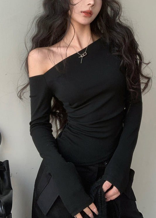 Unique Black Asymmetrical Design Cotton Shirts