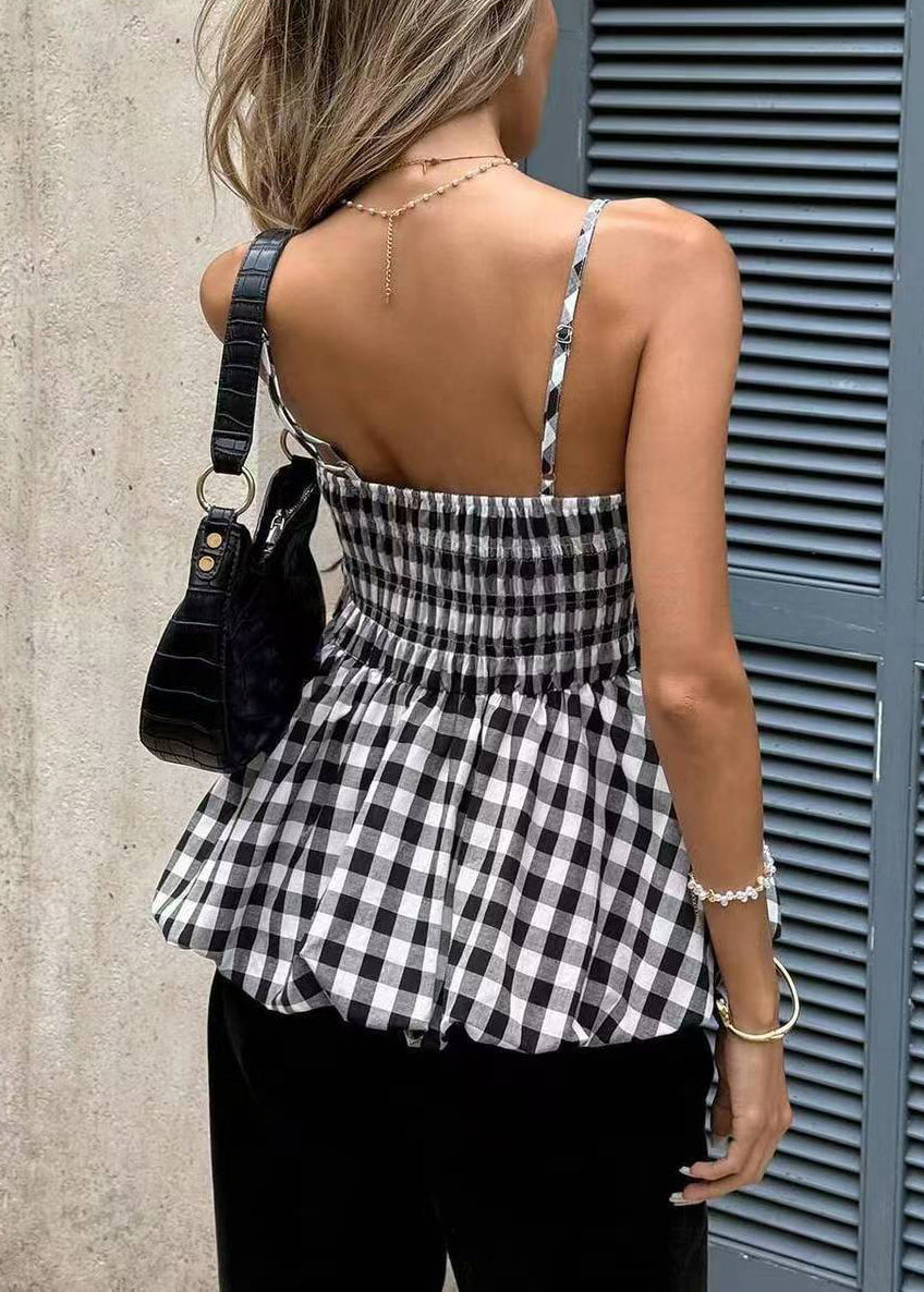 Unique Black Plaid Wrinkled Cotton Tank Tops Sleeveless