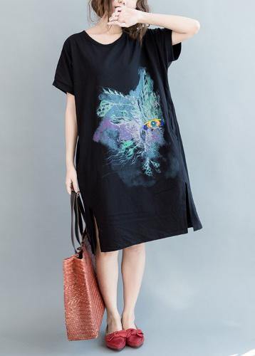 Unique Black Print Cotton low high design Summer Maxi Dress - SooLinen