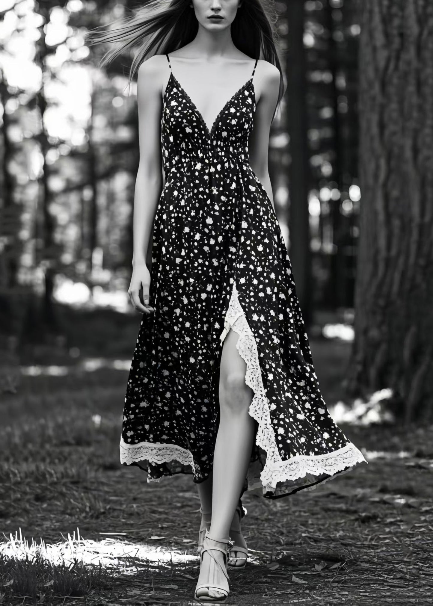 Unique Black Print Side Open Exra Large Hem Cami Dresses Summer