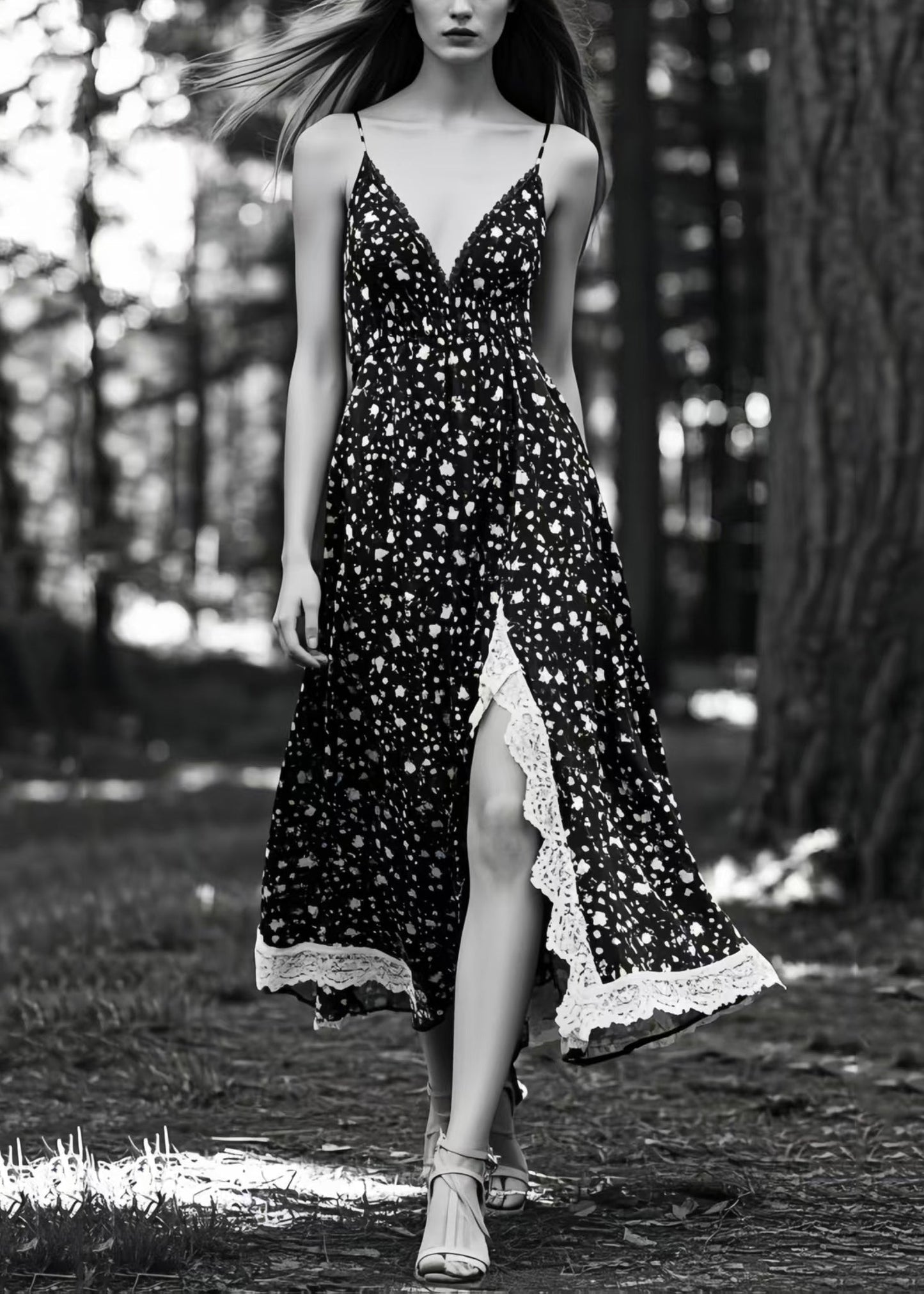 Unique Black Print Side Open Exra Large Hem Cami Dresses Summer