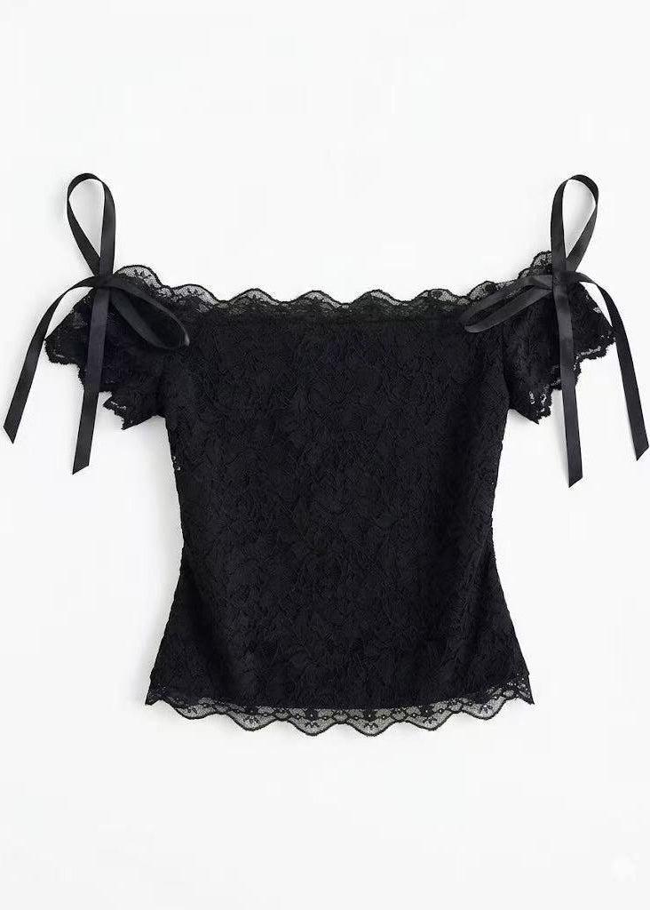 Unique Black Slash Neck Bow Lace Top Summer