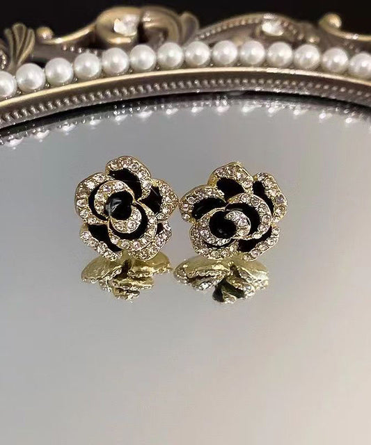 Unique Black Srerling Silver Overgild Zircon Floral Stud Earrings