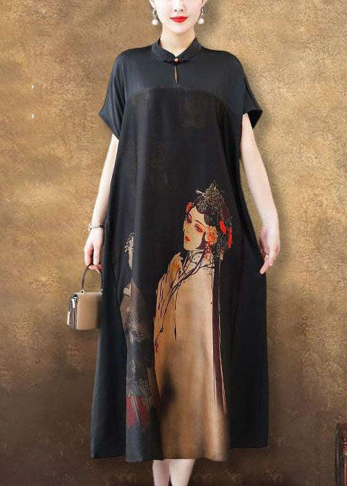 Einzigartiges schwarzes langes Seidenkleid mit Stehkragen und Patchwork-Print für den Sommer