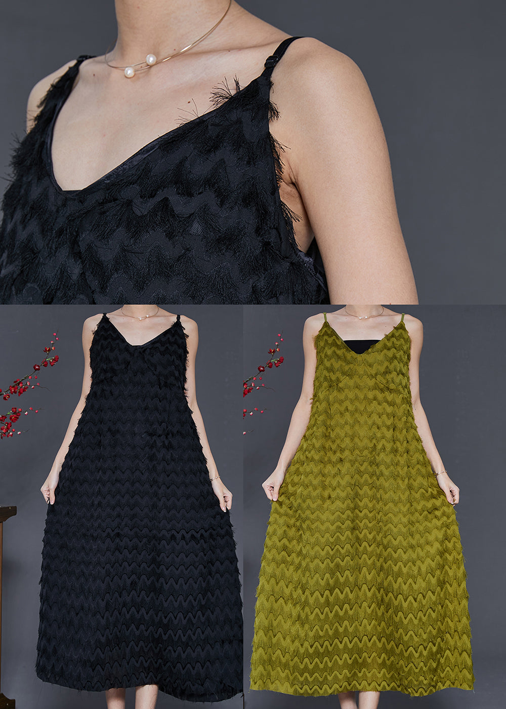 Einzigartiges schwarzes Chiffon-Spaghettiträgerkleid mit Quasten für den Sommer