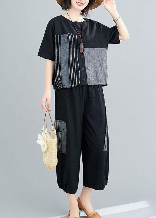Unique Black asymmetrical design Linen Button Summer Two Pieces Set - SooLinen