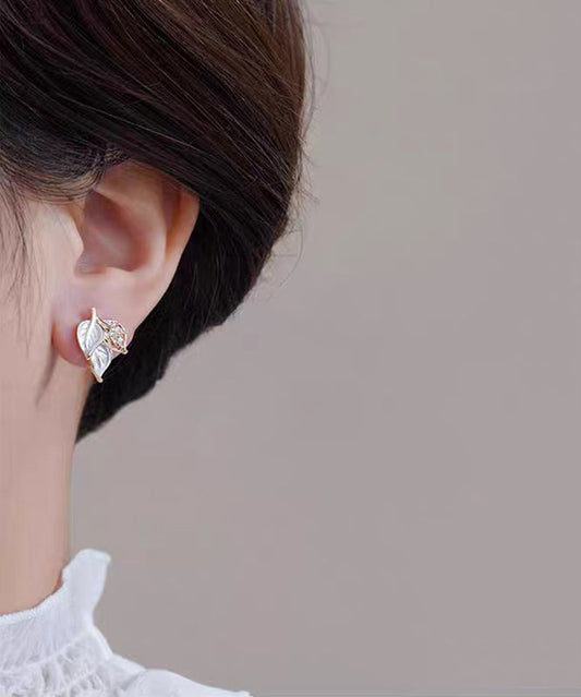 Unique Blue Copper Overgild Zircon Leaf Stud Earrings