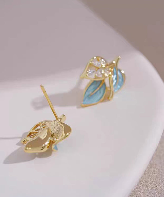 Unique Blue Copper Overgild Zircon Leaf Stud Earrings