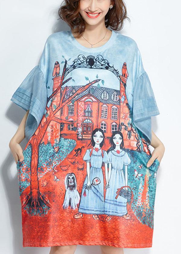 Unique Blue O-Neck Pockets Print Summer Flare Sleeve Party Dress - SooLinen