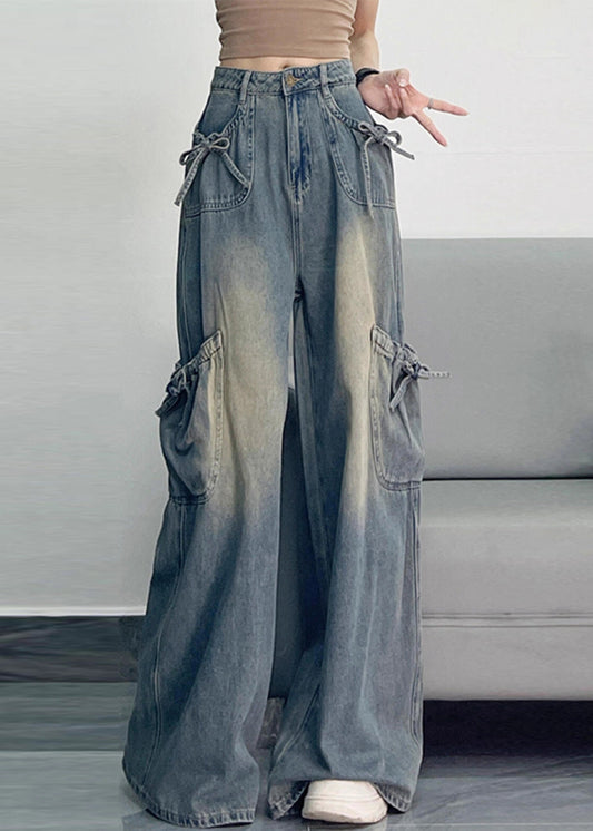 Unique Blue Oversized Pockets Denim Wide Leg Pants Spring