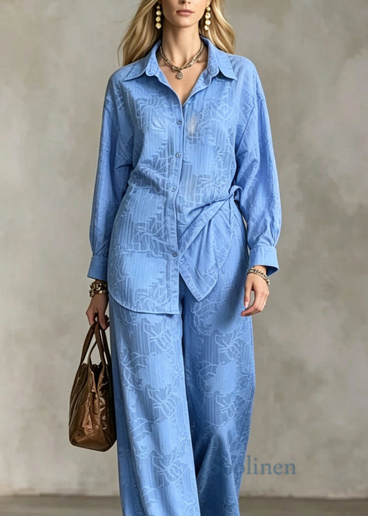 Unique Blue Peter Pan Collar Tops And Pants Cotton Two Pieces Set Long Sleeve