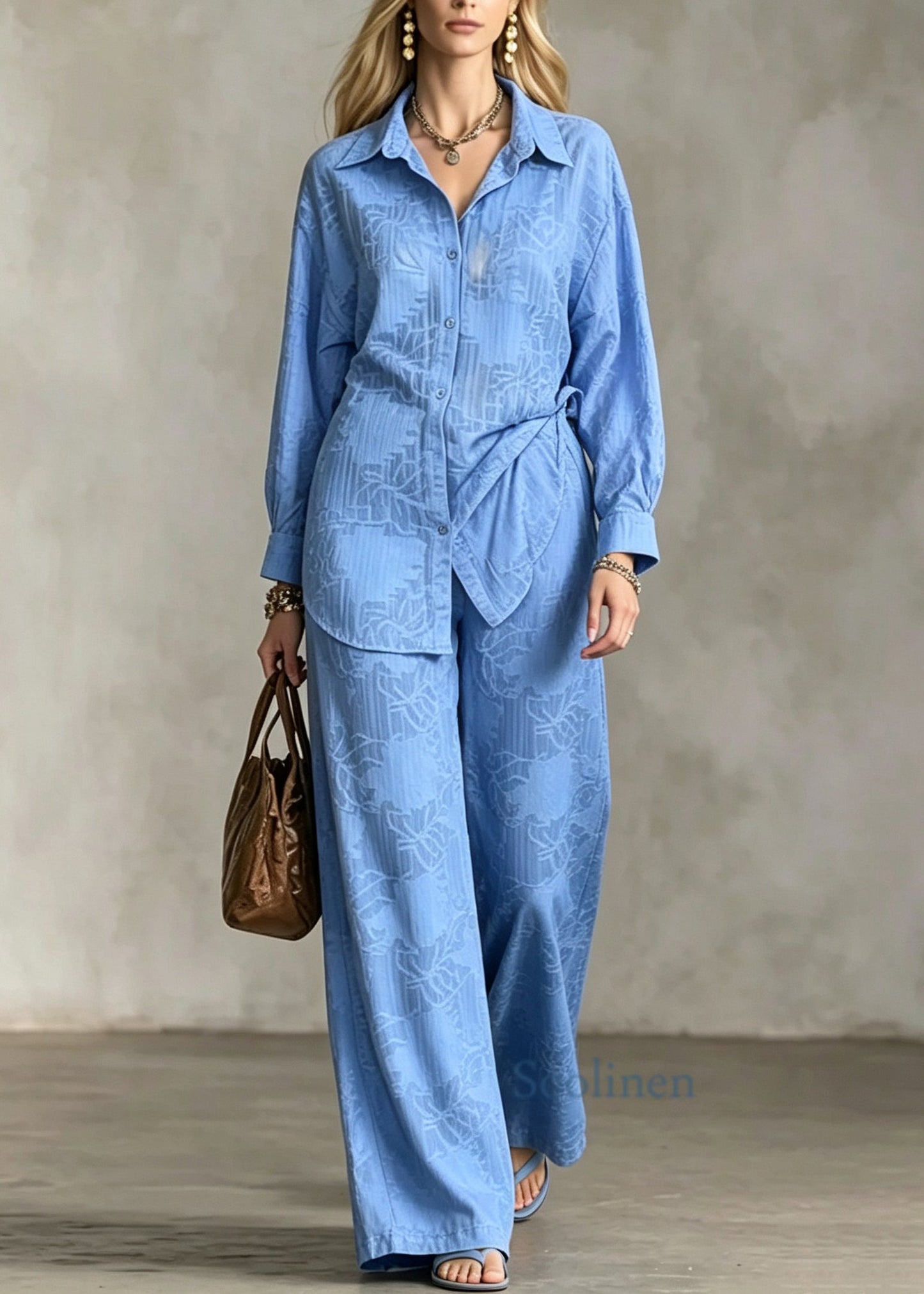 Unique Blue Peter Pan Collar Tops And Pants Cotton Two Pieces Set Long Sleeve