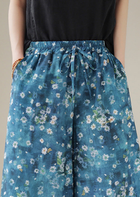 Pantalones de verano con cintura elástica y pierna ancha con estampado azul único