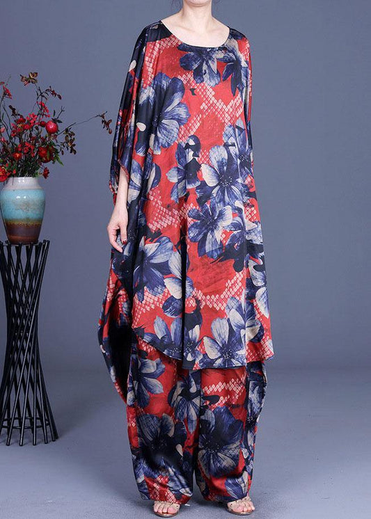 Unique Blue Print low high design Silk Wide Leg Two Pieces Set - SooLinen