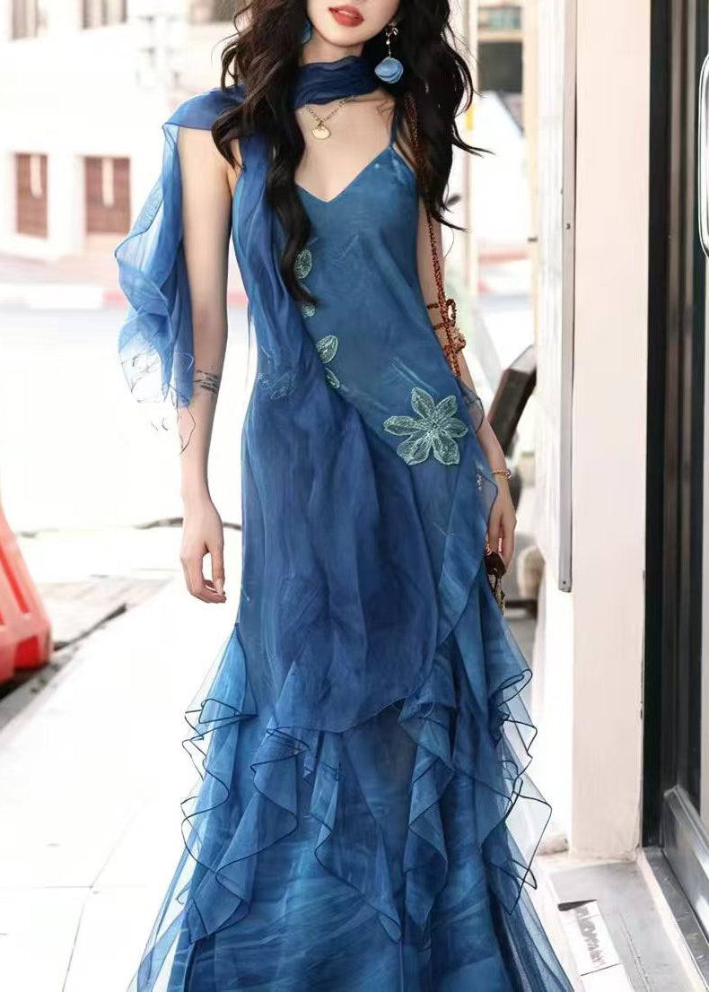 Unique Blue Ruffled Slim Fit Chiffon Maxi Dress Summer