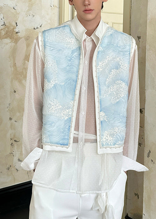 Einzigartige blaue Stehkragen-Herrenweste aus Perlbaumwolle, ärmellos