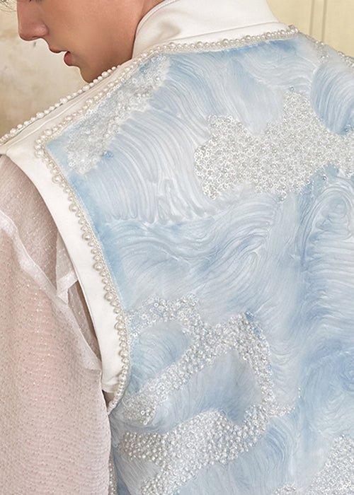 Einzigartige blaue Stehkragen-Herrenweste aus Perlbaumwolle, ärmellos