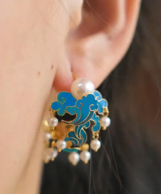 Pendientes de aro únicos con borlas de perlas esmaltadas y sobredoradas en plata de ley azul