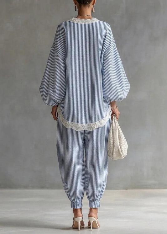 Unique Blue Striped Oversized Patchwork Lace Two Pieces Set Fall
