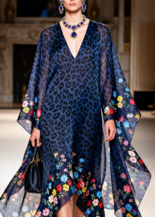 Unique Blue V Neck Asymmetrical Design Print Chiffon Dress Summer