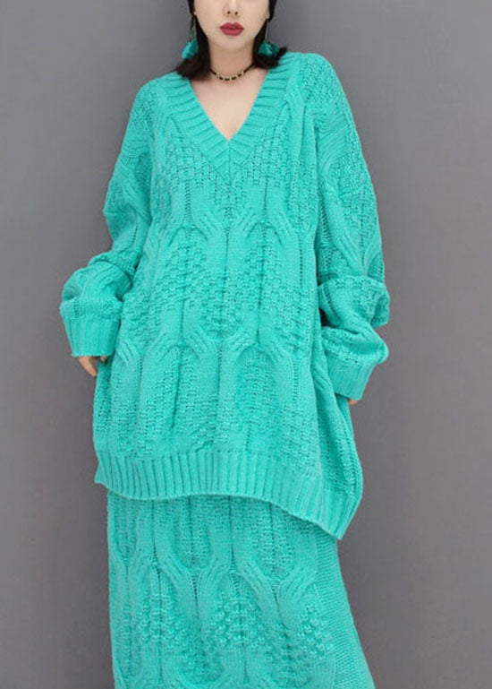 Einzigartige blaue V-Ausschnitt Zopfmuster Tops A-Linie Röcke Zweiteiliges Set Frühling