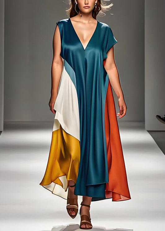 Einzigartige blaue V-Ausschnitt Patchwork Seide lange Kleider Sommer