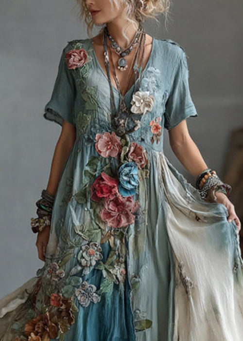 Unique Blue V Neck Tie Dye Floral Cotton Maxi Dress Summer