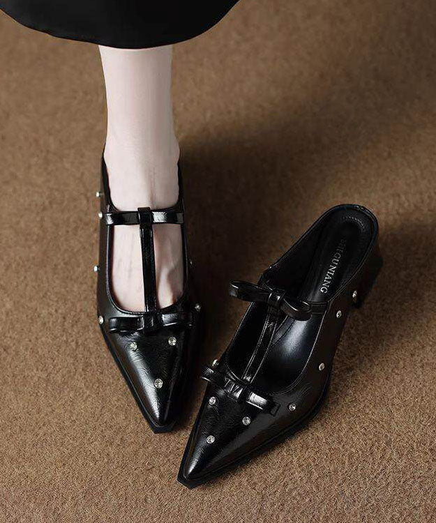 Unique Bow Zircon Splicing Chunky Black Faux Leather Slide Sandals