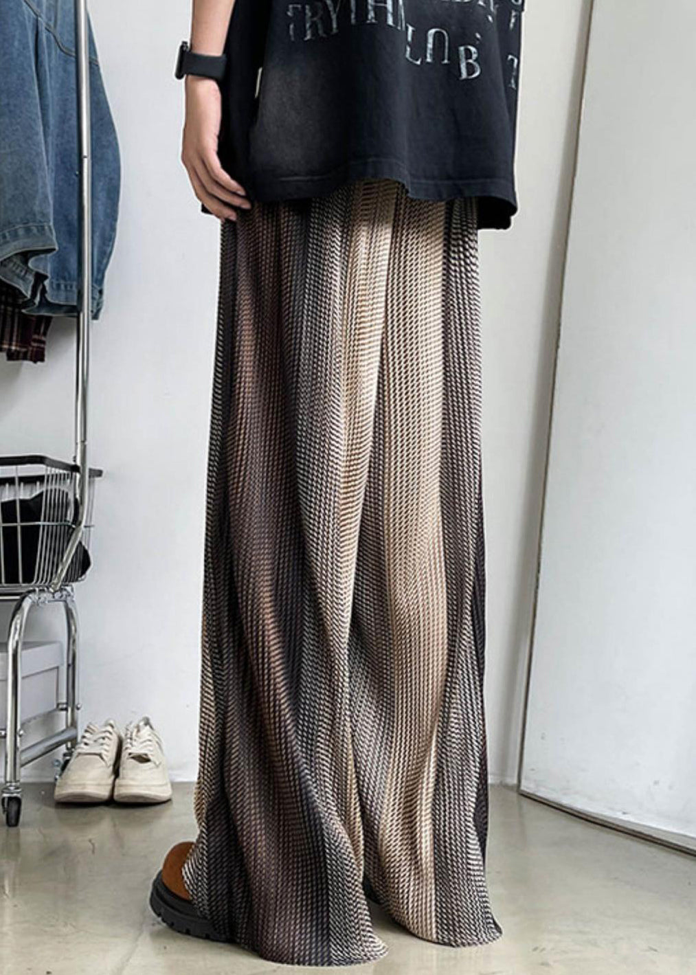 Unique Brown Elastic Waist Patchwork Ice Silk Men Wide Leg Pants Summer