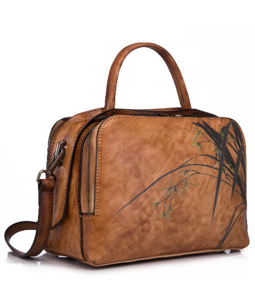 Einzigartige braune Tragetasche aus Leder mit Gemälden