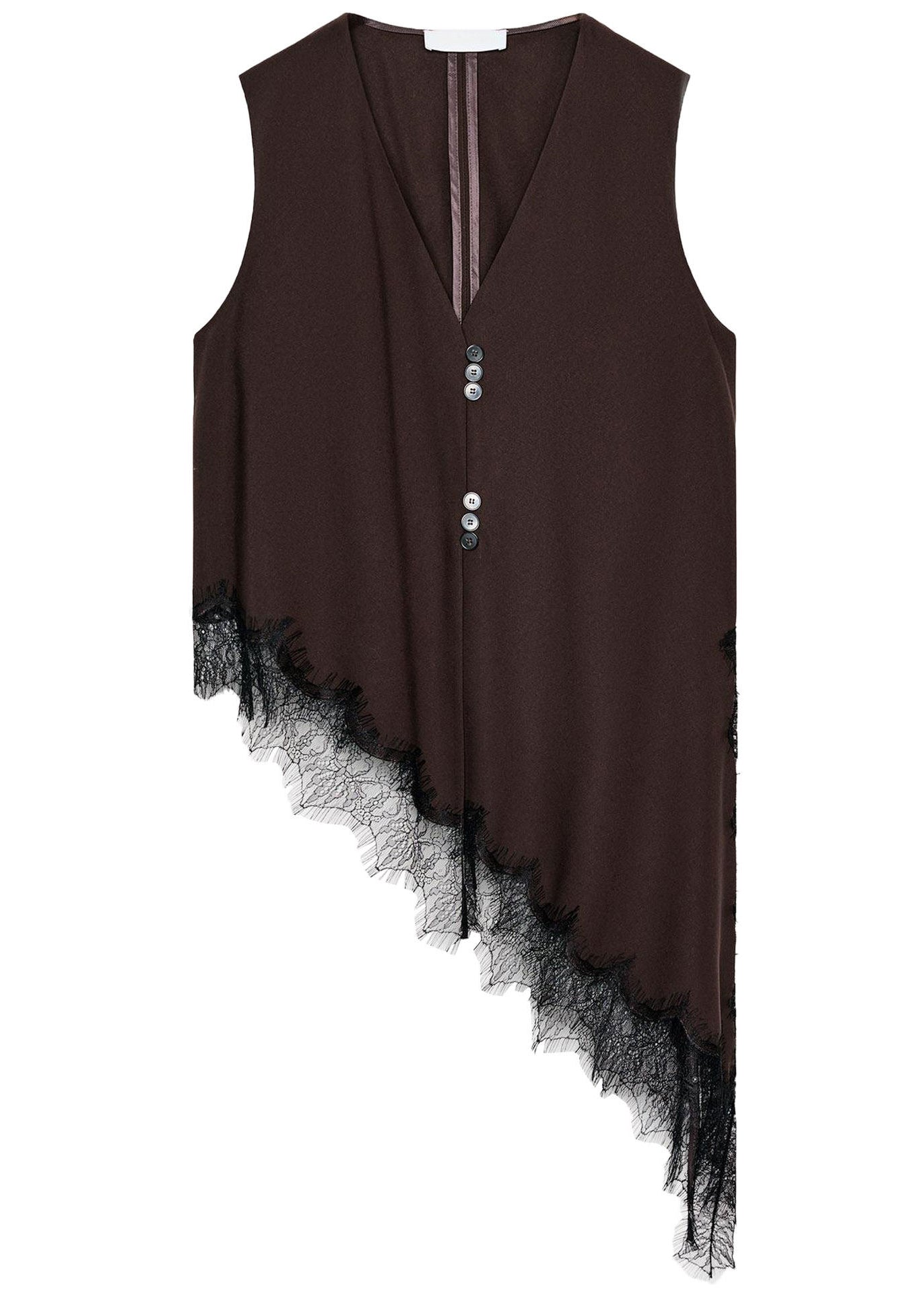 Unique Brown V Neck Lace Patchwork Silk Blouses Sleeveless