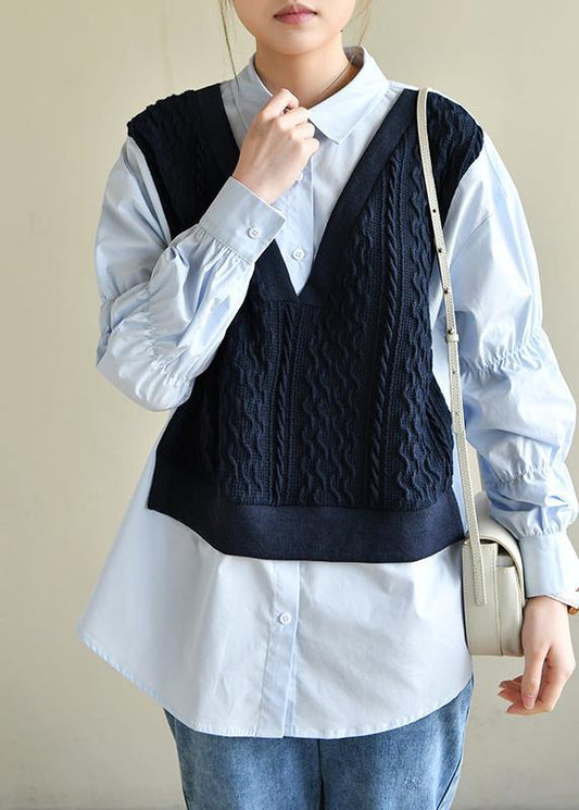 Unique Cinched Peter Pan Collar Shirt Blue - SooLinen