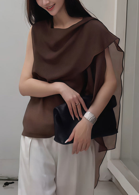 Unique Coffee Asymmetrical Patchwork Chiffon Shirt Top Sleeveless